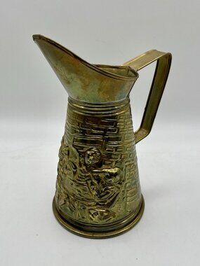 Vintage Brass Ewer Pitcher England Embossed Tavern Scene Rustic Cottage Patina